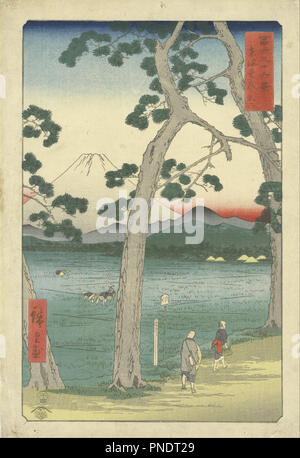 Fuji à gauche de la ligne Tokaido. Date/période : 1858. Gravure sur bois. Auteur : Hiroshige. Banque D'Images