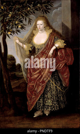 Portrait d'une femme, appelée Elizabeth, Lady Tanfield. Date/période : 1615. La peinture. Huile sur toile. Hauteur : 2 212 mm (87.08 in) ; largeur : 1 370 mm (53,93 po). Auteur : British School. Banque D'Images