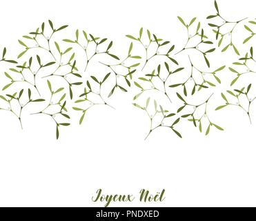 Vector Illustration. Carte de Vœux de Noël. Beaucoup de Gui sur fond blanc. Texte en français, en anglais Joyeux Noel Joyeux Noël. Illustration de Vecteur
