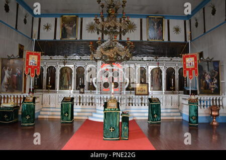 Intérieur de l'église de la Sainte Ascension, une église orthodoxe du xixe siècle construit par les Russes, l'archipel des Aléoutiennes, l'île Unalaska, Alaska. Banque D'Images