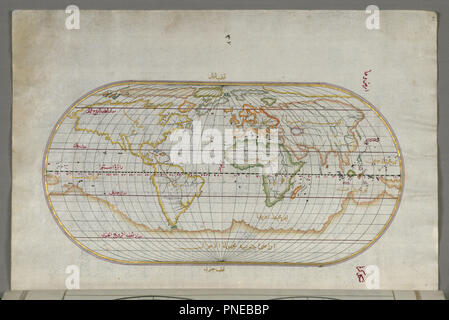 Carte du monde ovale. Date/Période : pouf. D'enluminures ; factures (feuilles) ; des cartes. Encre et pigments sur papier européen mis à l'encre et pigments sur papier européen prévue. Hauteur : 34 mm (1,33 in) ; largeur : 24 mm (0,94 in). Auteur : Piri Reis. Banque D'Images