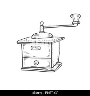 Moulin à café manuel vintage. Vector illustration dessinée à la main d'un croquis de style. Objet isolé. Illustration de Vecteur