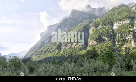 L'entrée, lors d'une aube brumeuse, de la vallée d'Ordesa (Parc Parque Nacional de Ordesa y Monte Perdido), un milieu rural préserver avec montagnes, Espagne Banque D'Images