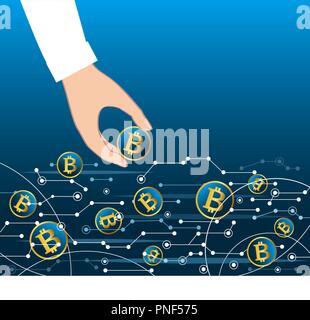 Obtenir de l'argent virtuel, de débit bitcoin concept d'entreprise. Hand holding coin bitcoin de net. Vector Illustration Illustration de Vecteur