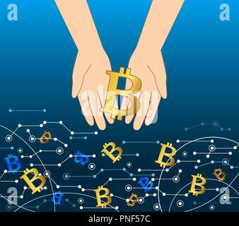 Obtenir de l'argent virtuel, de débit bitcoin concept d'entreprise. Hand holding coin bitcoin. Vector Illustration Illustration de Vecteur