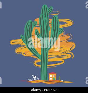 Cute cartoon illustration avec des saguaro cactus et petit chambre. Paysage féerique du Mexique, pour les cartes d'impression ou de textile, vector background Illustration de Vecteur