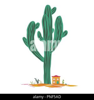 Cute cartoon illustration avec des saguaro cactus et petit chambre. Paysage féerique du Mexique, pour les cartes d'impression ou de textile, vector background Illustration de Vecteur