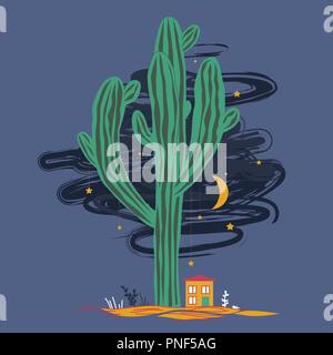 Illustration avec le mignon petit chambre haute, saguaro, et les étoiles et la lune suspendue sur le cactus. Paysage féerique mexicain, imprimer des cartes, le nouvel an, ou te Illustration de Vecteur