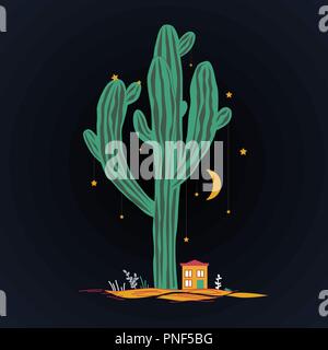 Illustration avec le mignon petit chambre haute, saguaro, et les étoiles et la lune suspendue sur le cactus. Paysage féerique mexicain, imprimer des cartes, le nouvel an, ou te Illustration de Vecteur