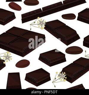 Arrière-plan transparent élégant avec des morceaux de chocolat noir, le cacao, les fleurs et les fèves de cacao. Vector illustration Illustration de Vecteur