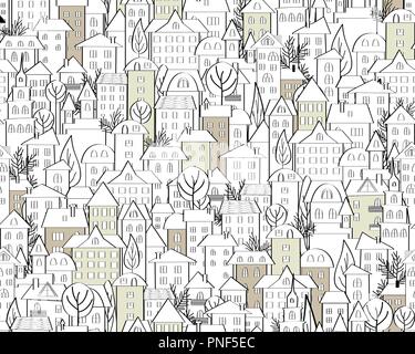 Modèle avec hand drawn doodle maisons. Illustration avec des toits et des arbres ville mignon. Le schéma. Fond transparent en noir et blanc. Vector Illustration de Vecteur