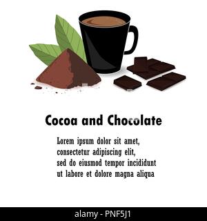 Bannière avec feuilles de cacao, poudre de cacao, chocolat, cacao et de fleur. Imprimer, gabarit, élément de design pour l'emballage et la publicité. Il vecteur Illustration de Vecteur