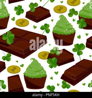 Un élégant fond de la Saint-Patrick avec les feuilles de trèfle vert chocolat, cupcakes et pièces. Vector illustration Illustration de Vecteur