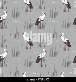 Texture décoratif permanent avec l'eau et des grues, de la canne à sucre. Modèle sans couture. Illustration vectorielle, élégante palette de gris et rouge Illustration de Vecteur