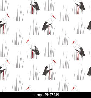 Texture décoratif permanent avec les grues, et Reed. Modèle transparent pour écran ou le textile. Illustration vectorielle, élégante palette de gris et rouge Illustration de Vecteur
