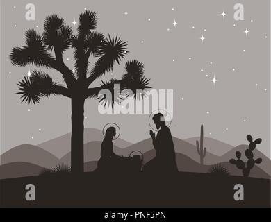 Crèche inhabituelle avec Joshua tree. Saint famille et les montagnes. Illustration vectorielle, Marie, Jésus, Joseph et silhouettes Illustration de Vecteur