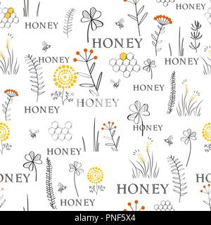 Modèle vectoriel continu avec des abeilles, des peignes et des fleurs. Ce graphique linéaire dessiné à la main design doodle. Croquis modèle pour imprimer sur du tissu. Vector illustration Illustration de Vecteur