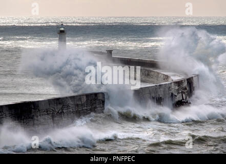 Newhaven, East Sussex, UK. 2er septembre 2018. De forts vents de tempête Bronagh frapper comme un brise-lames Newhaven ferry quitte pour Dieppe, France. © Peter Cripps/Alamy Live News Banque D'Images