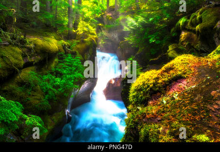 Chute d'eau de glacier, bleu clair avec, douce, l'eau coule dans la forêt d'un vert profond dans les montagnes avec beaucoup de pins et de rayons de soleil. Banque D'Images