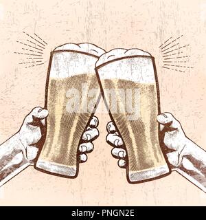 Mains tenant des verres de bière et acclamer les uns avec les autres dans le style gravé, beige et jaune Illustration de Vecteur