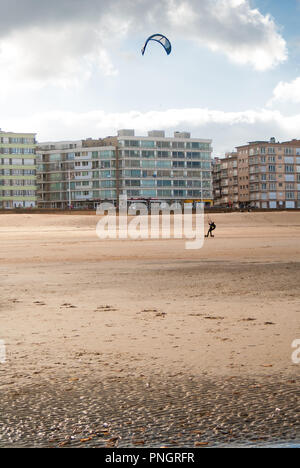 Kitesurfer à cheval sur une plage de sable de la côte belge à l'automne Banque D'Images