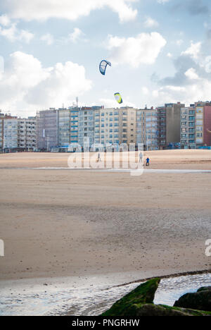 Kitesurfer à cheval sur une plage de sable de la côte belge à l'automne Banque D'Images