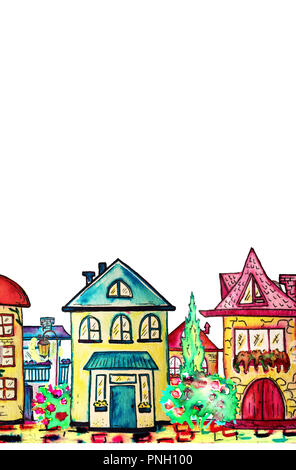 L'aquarelle à la main street border avec différentes maisons, arbre, et lampe sur un fond blanc. Illustration Raster Banque D'Images