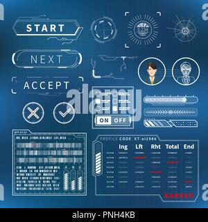 Ensemble de Bright White futuristic user interface elements sur bleu Illustration de Vecteur