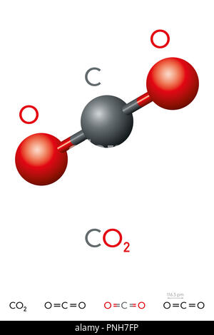 Le dioxyde de carbone, CO2, molécule modèle et formule chimique. Le gaz acide carbonique. Gaz incolore. Ball-and-stick modèle, structure géométrique et formule. Banque D'Images