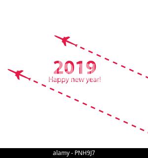 Bonne année de création 2019 Conception avec avion est en pointillés. L'appartement de vol est noir. Le waypoint est pour un voyage touristique. Tracé sur un fond blanc. Vector illustration. Le tourisme. Billet d Illustration de Vecteur