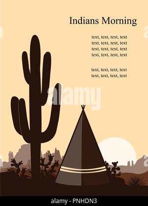 Wigwam indien silhouette avec le figuier de barbarie, montagnes, et saguaro. Paysage américain sonrise avec tribal tepee. Paysage de vecteur Illustration de Vecteur