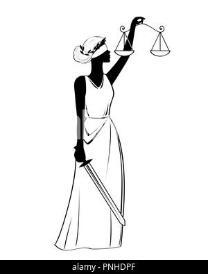 Statue de la déesse de la justice, l'icône illustration vectorielle, panneau noir sur fond isolé Illustration de Vecteur