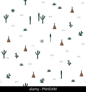 Modèle transparent avec des tentes indiennes et des cactus. Saguaro, Opuntia, et wigwames. Vector illustration. Design mignon pour textile, l'habillement, d'écran, et Illustration de Vecteur