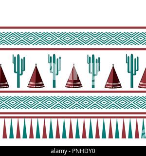 Indian tribal arrière-plan. Wigwam plat simple, cactus, et de l'ornement. Modèle sans couture. Design minimaliste. Cartoon vector illustration Illustration de Vecteur