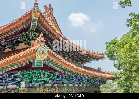 La photo en gros du détail architectural du monastère Po Lin dans village de Ngong Ping à Hong Kong Banque D'Images