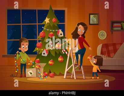 Famille heureuse maman et deux enfants s'habille arbre de Noël. Le garçon se déroule le garland. Dans la famille des pulls de Noël décorer la maison pour les vacances dans une agréable soirée d'hiver. Vector illustration. Illustration de Vecteur