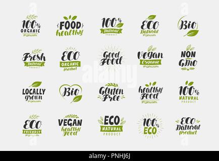 Ensemble d'alimentation eco friendly et labels biologiques. Vegan, l'écologie des icônes. Vector Illustration de Vecteur