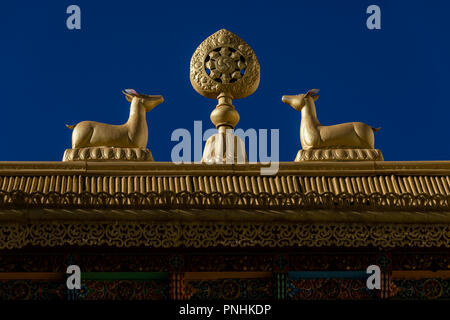 Des statues à l'entrée du monastère de Thiksey dans la région de Ladakh Inde Banque D'Images