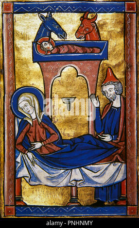 La nativité de Jésus. Sainte Famille (Enfant Jésus, sa mère, Marie, et son mari, Joseph qui prend soin de sa femme). L'âne et le boeuf sont généralement représentés dans la scène. Bethléem. Miniature, 13e siècle. Musée Condé. Chateau de Chantilly. La France. Banque D'Images