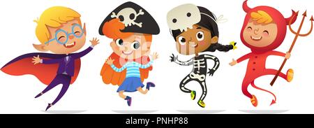 Jeu de société multiraciale, garçons et filles, portant des costumes de Halloween isolé sur fond blanc. Vector Cartoon caractères de sorcière pour enfants, pirate, Dracula, devil, squelette, momie, pour partie, web, mascot Illustration de Vecteur