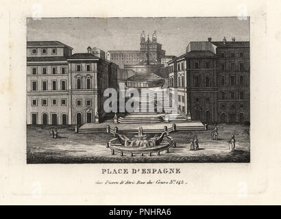 Vue sur la Piazza di Spagna, Fontana della Barcaccia, Fontaine de la voile et de la Trinité-des-Monts Scalinata di Spagna, Rome, 1849. La gravure sur cuivre de Pietro Datri's Nouvelle Collection des principales vues de Rome Ancienne et Moderne avec les ruines de la guerre, Rome, 1849. Banque D'Images