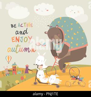 Équitation animaux vélos un parc en automne Illustration de Vecteur