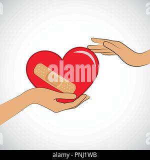 Deux mains de womans tenir un cœur brisé rouge avec sparadrap vector illustration EPS10 Illustration de Vecteur