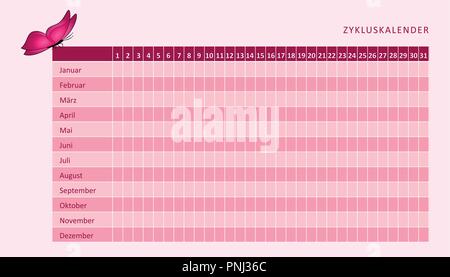 Calendrier de la menstruation mensuelle cycle menstruel avec papillon rose illustration vecteur EPS10 Illustration de Vecteur