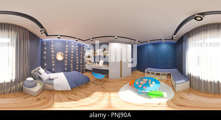 Sphérique de rendu 3d 360 degrés, une panorama de la chambre des enfants en couleur bleu nuit. Visualisation de la notion de l'intérieur design kids Banque D'Images