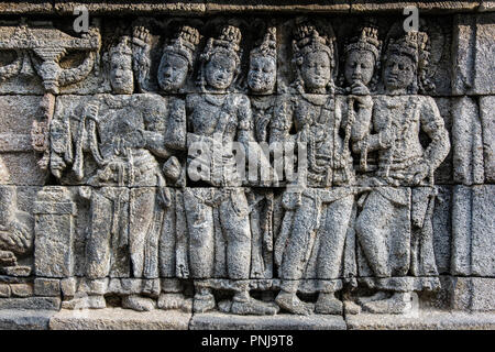 Détail de bas-reliefs, Candi Borobudur temple bouddhiste, Muntilan, Java, Indonésie Banque D'Images