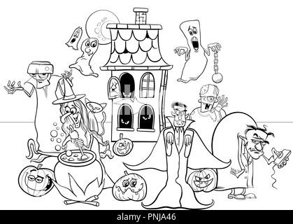 Illustration Cartoon noir et blanc de personnages rigolo Halloween de livre à colorier de groupe Illustration de Vecteur