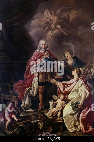 Ferdinand VI en tant que protecteur des arts et des sciences - 1754 - 315x225 cm - Huile sur toile - N 683. Auteur : GONZALEZ RUIZ. Lieu : ACADÉMIE DE SAN FERNANDO-PINTURA. MADRID. L'ESPAGNE. Banque D'Images