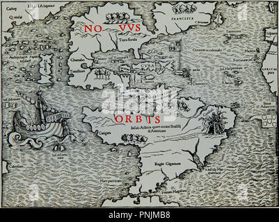 Carte sur le Nouveau Monde - navae insolarum. 1540. Madrid, bibliothèque nationale (cartes). Auteur : SEBASTIAN MUNSTER. Emplacement : BIBLIOTECA NACIONAL-COLECCION. MADRID. L'ESPAGNE. Banque D'Images