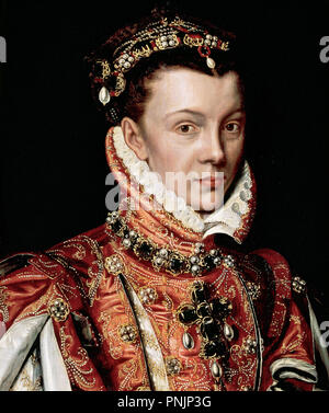 ISABEL DE VALOIS (1546-1568). Reina de España (1559-1568), Tercera esposa del Rey Felipe II. Hija de Enrique II de Francia y Catalina de Médicis. S. XVI. Retrato realizado por el pintor español Alonso Sánchez Coello (h. 1531-1588). Colección particulier. Banque D'Images